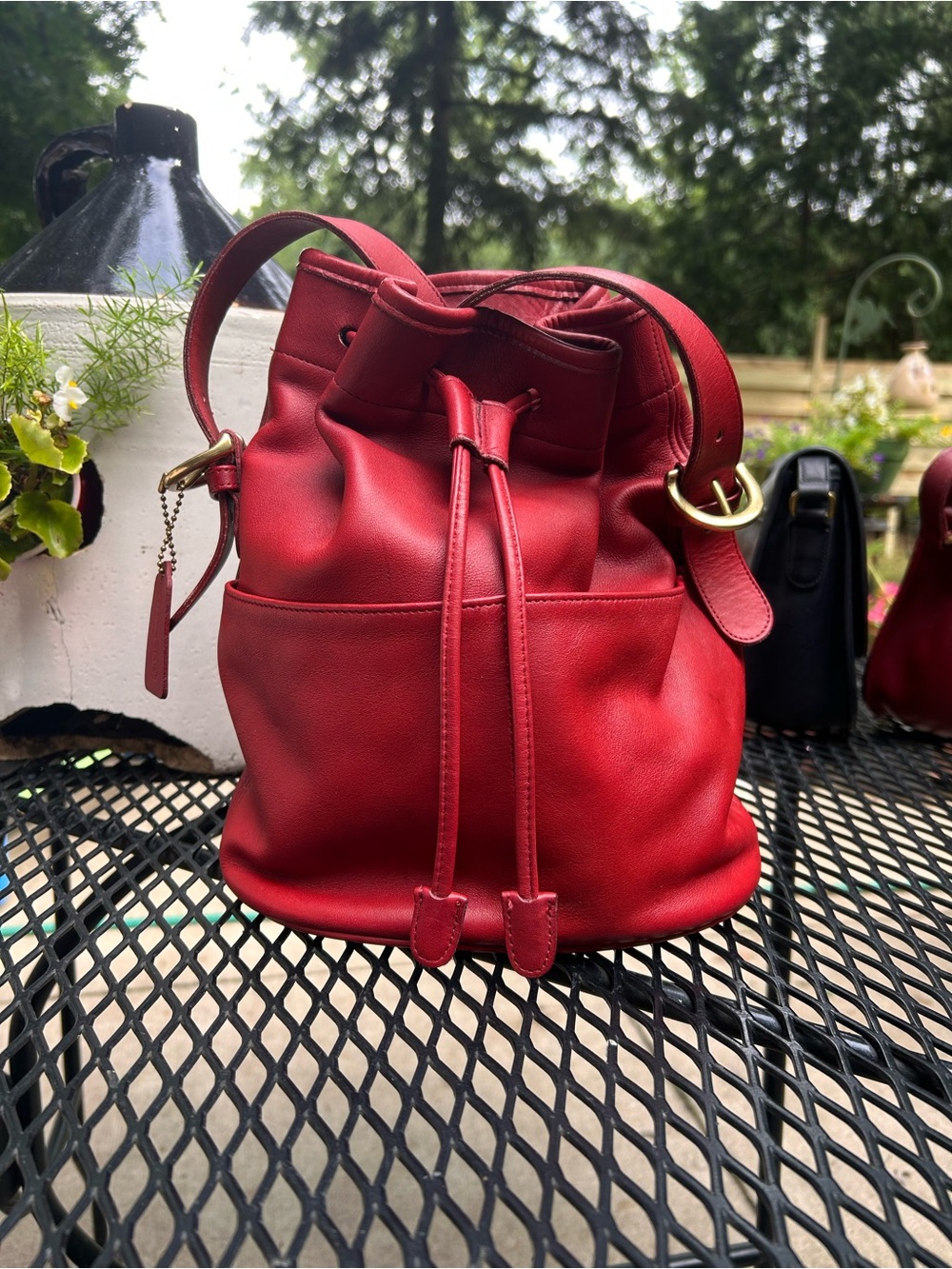 Coach Vintage Red Leather Drawstring Bucket Shoulder Bag